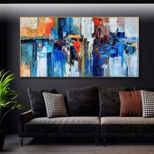 Hand-Painted Blue Gold Oil Painting On Canvas Gold Foil Painting Flowing Art 049