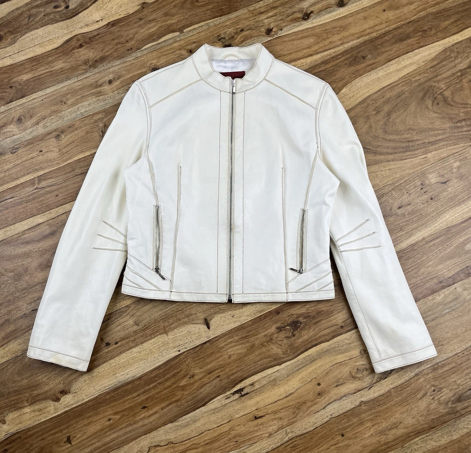 Nicola Berti Italian Leather Racer Moto Jacket Cream Size Medium