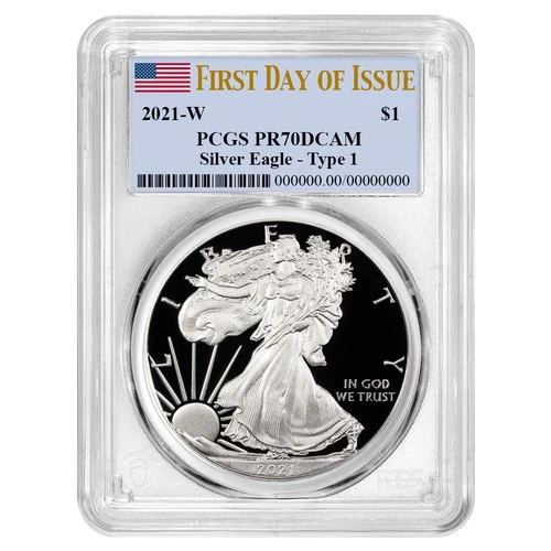 2021-W $1 1-oz T-1 Proof American Silver Eagle PCGS PR70DCAM FDOI Flag Label