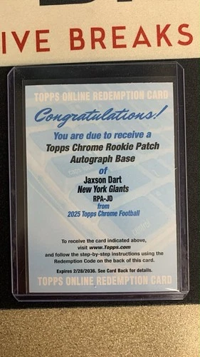 2025 Topps Chrome Jaxson Dart Rookie Patch Autographs (RAW)