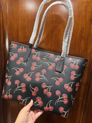 NWT Coach City Tote Bag With Cherry Print In Leather in Black