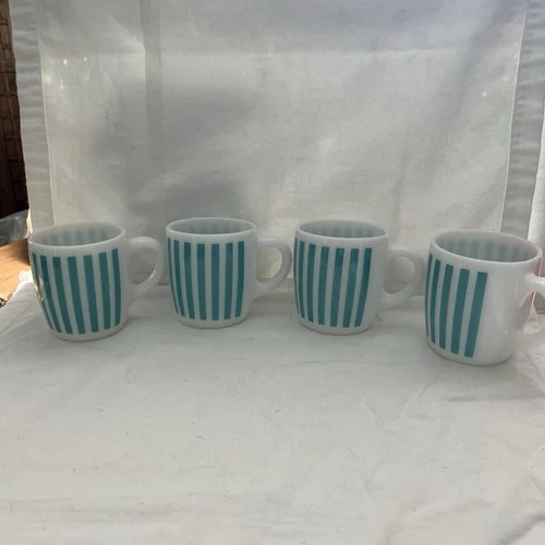 Vintage Hazel Atlas Turquoise Candy Striped White Milk Glass Mugs MCM Set of 4