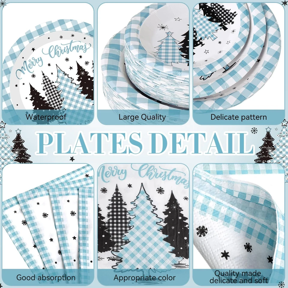 452 Pcs Light Blue Christmas Party Supplies for 50, Plaid Gingham Tree Blue C... - Image 2 of 4