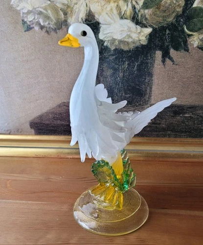 Vintage Murano Style Art Glass Swan Figurine White Aventurine Base Hand Blown