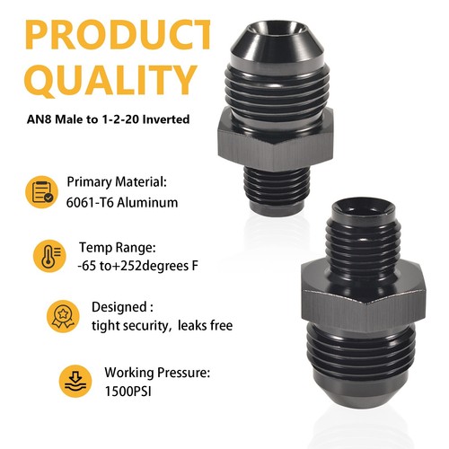 8AN Male Flare to 1/2"-20 Inverted Flare Adapter Fitting Black Anodized - Picture 4 of 6