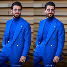 Royal Blue Men's Suits Wide Peak Lapel Double Breasted Formal Business Tuxedos