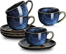 vicrays 6.5 oz Cappuccino Cups with Saucers, Set of 4, Ceramic Coffee Cup for...
