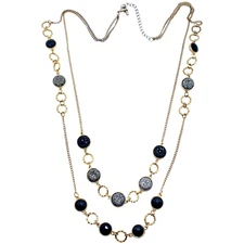 Charming Charlie Two Strand Rhinestone Necklace VTG Black Druzy Bead Gold Chain