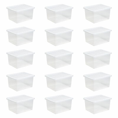 15 x 37 Liter KLAR KUNSTSTOFF Aufbewahrungsboxen mit Deckel Stapelbare Behälter - UK