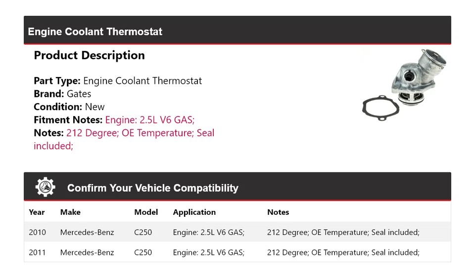 Para Mercedes-Benz C250 2010-2011 2,5 L V6 motor gas refrigerante termostato puertas Foto 2 de 4