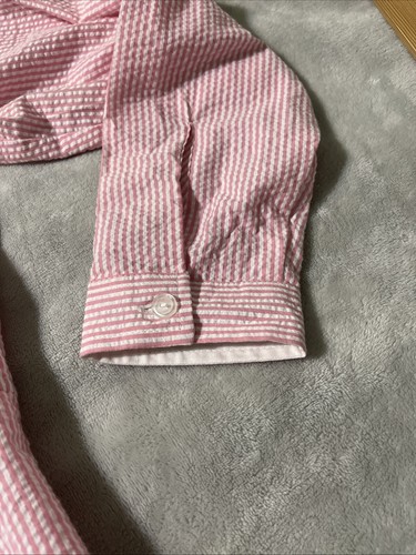 NEW Charles River Seer Sucker Pullover Hoodie M Pink white 1/4 Zip Front Pouch - Picture 7 of 15