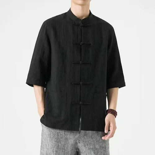 Chinese Tang Traditional Suit Men Retro Shirt Kung Fu Tai Chi Jacket Hanfu Top - Foto 27 di 31