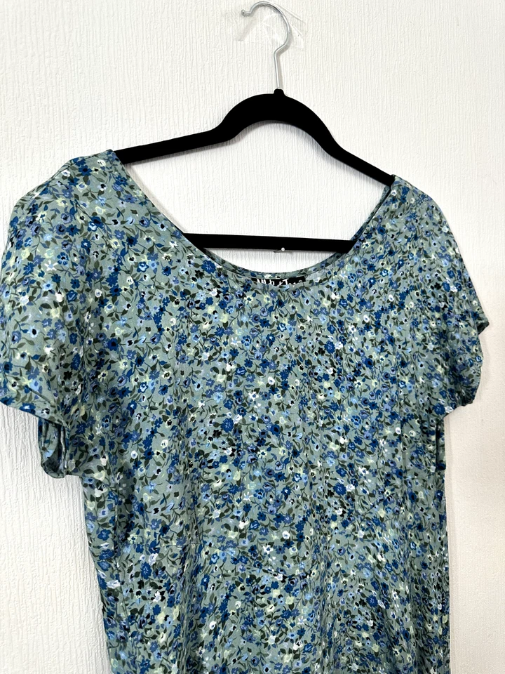 复古 20 世纪 90 年代 All That Jazz 蓝色花卉长裙 - 人造丝,帽袖,花朵 — 第 2/4 张图片