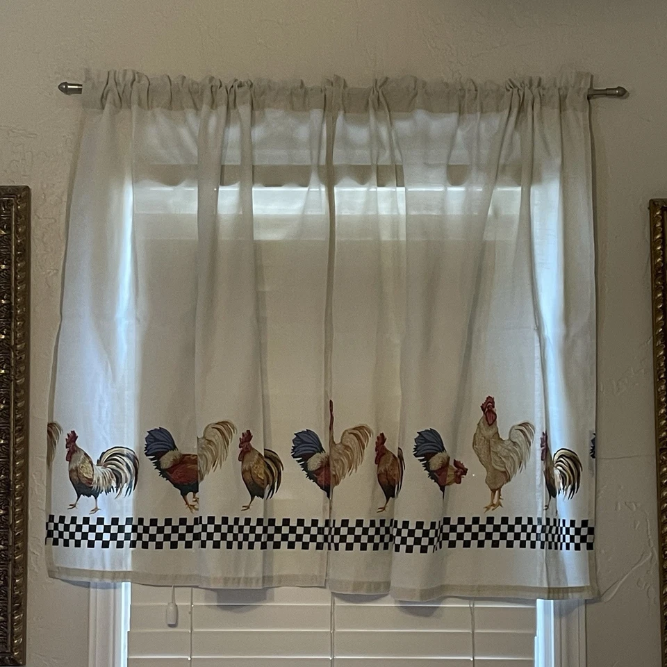 3 Pc Vtg Chicken Rooster Farm Country Curtain Panels Valance Checkered Black - Image 2 of 4