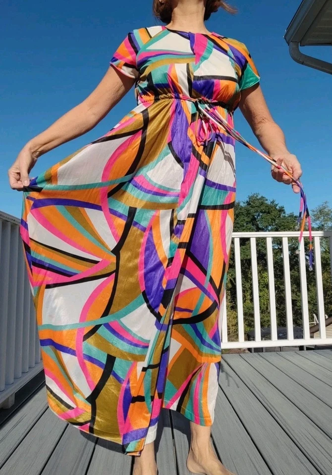 Vanity Fair VTG 60's Day Long Dress M Psychedelic Graphic Short Sleeves A-Line - Image 4 of 4