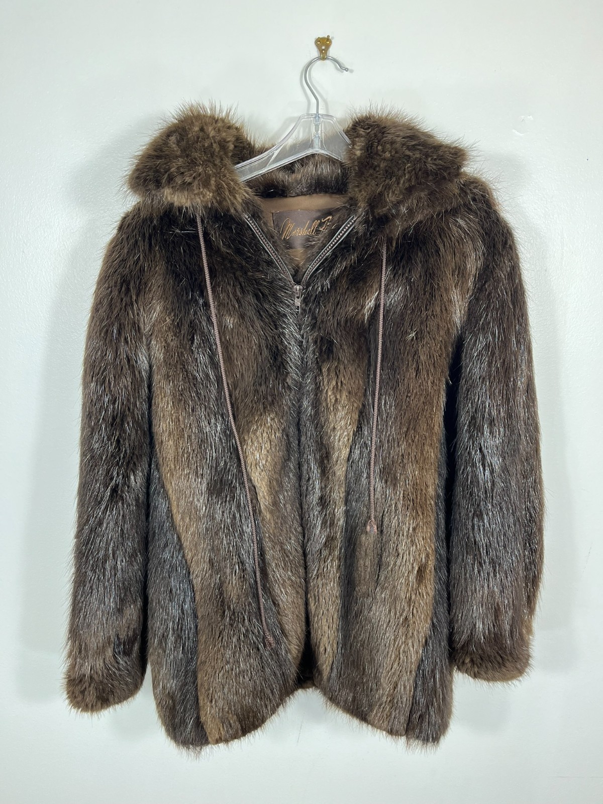 Sporty BEAVER fur jacket hood brown Women's Large coat Outstanding