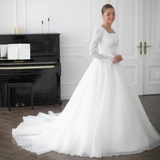 Square Neck Long Sleeves A Line Organza Wedding Dresses Square Neck Bridal Gowns