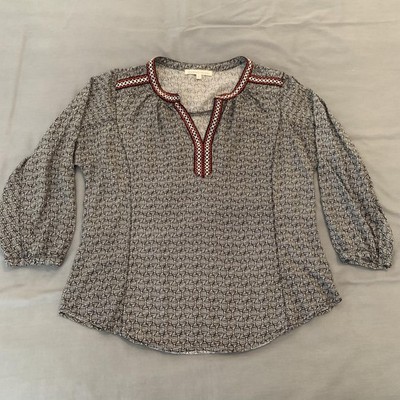 Daniel Rainn Blouse Womens Medium Gray Geometric 3/4 Sleeve Embroidered Tunic