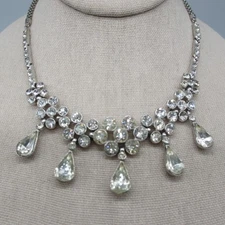 Vintage Rhinestone Necklace Bib Clear Teardrop Dangles Choker Collar 15 Inch