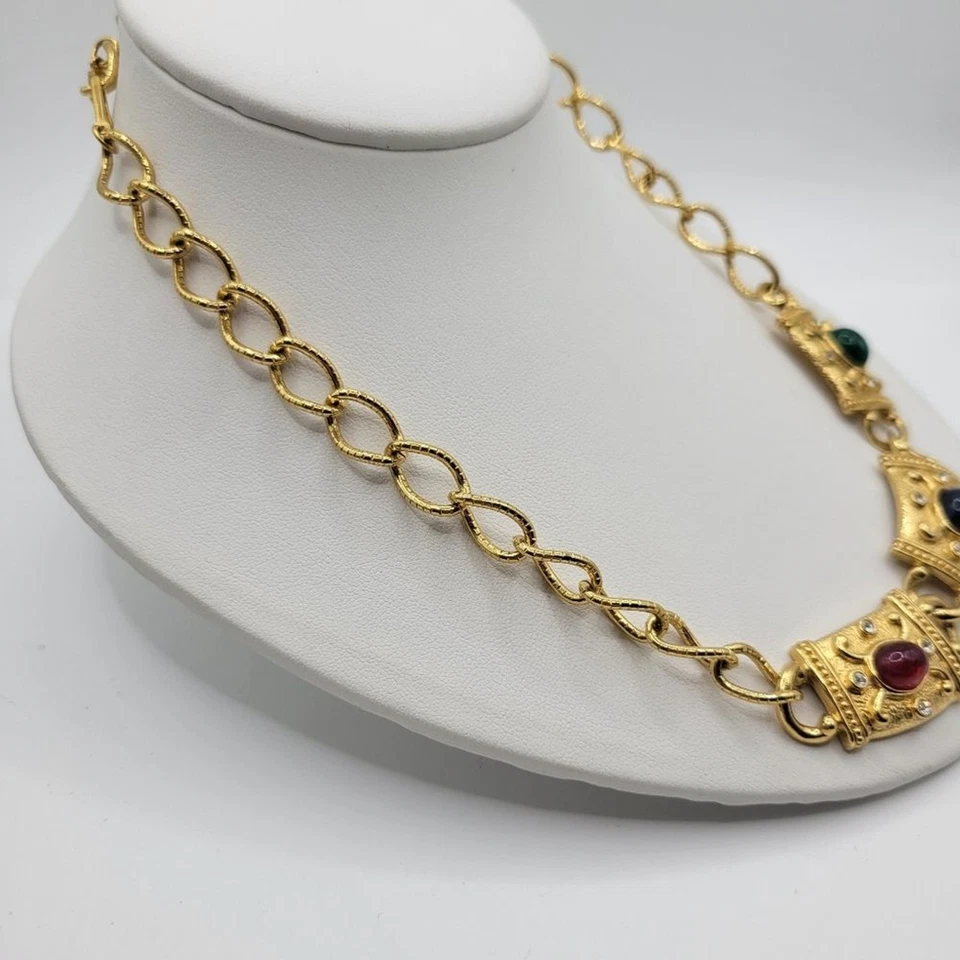 AVON CHAIN NECKLACE MULTI-COLOR CABOCHON GLASS GOLD TONE AUTHENTIC VINTAGE - Image 4 of 4