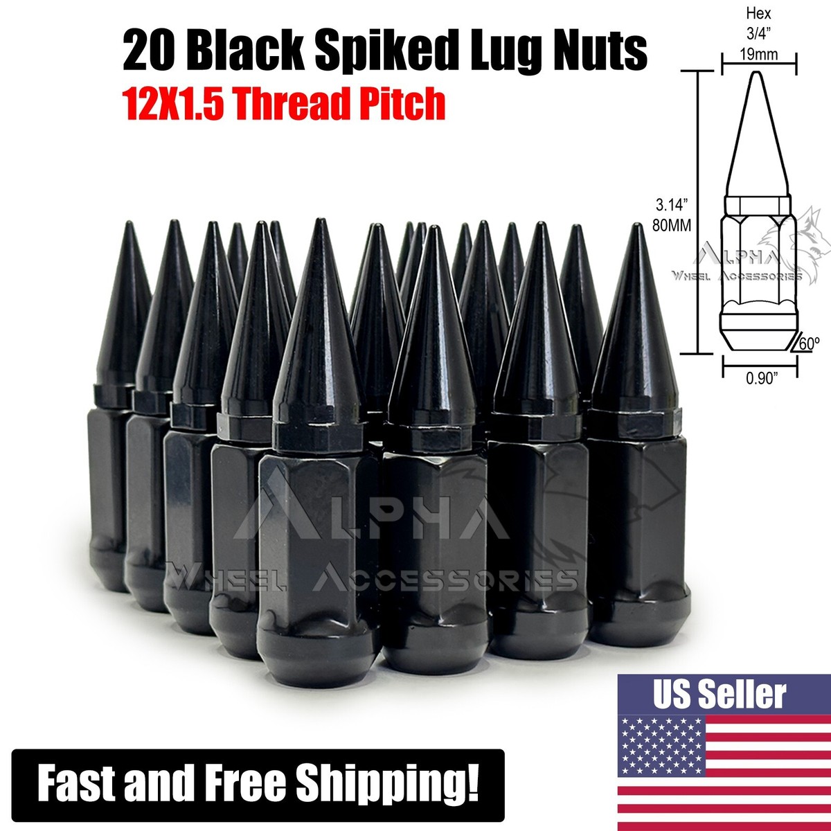 20 Black 12x1.5 Spiked Acorn Lug Nuts For Chevy Corvette Camaro