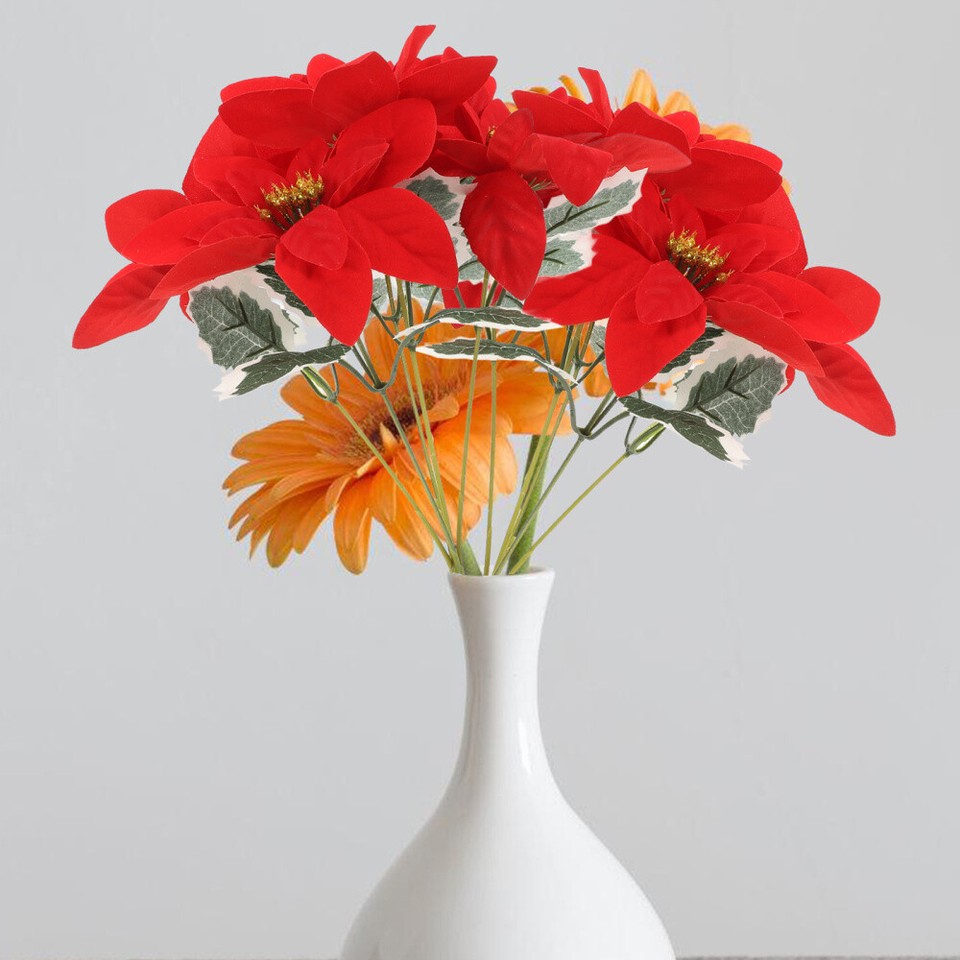 4pcs Artificial Poinsettia Flowers Bouquet With Stems Vibrant Red