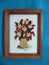 Vintage MCM Handmade Framed Needlework Floral Picture Daisies Cattails