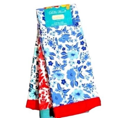 Pioneer Woman Evie Kitchen Towels 3-Pc Blue Red Teal Cotton 20 x 30-inch NWT