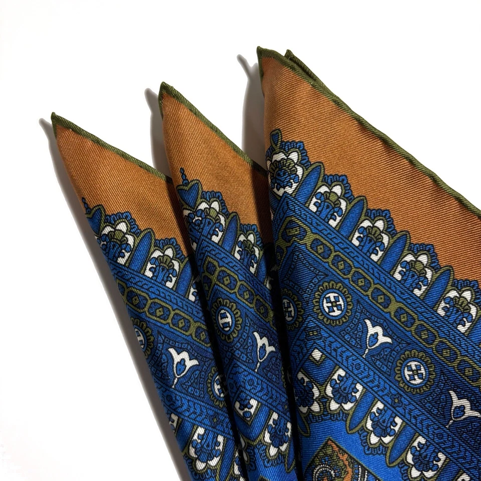 Burnt Orange & Blue Paisley Silk Pocket Square (Hand-Rolled in England) - Image 2 of 4