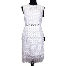 Lulu's Kenna White Crochet Dress Womens sz Medium Lace Fringe Lined Bodycon READ