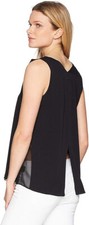 $195. HALSTON Women's SMALL Black Sleeveless V-Neck Silk Top w Sheer Inserts NWT