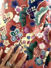 Vtg 2Yd 44WX77L KONA BAY FABRIC NOBU-15 Asian Floral Cotton Pink Blue Hawaiian