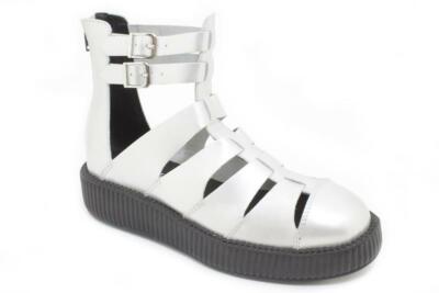T.U.K. V8868 TUK Viva Mondo 2 Buckle & Zip Round Low Creeper Sandal Silver