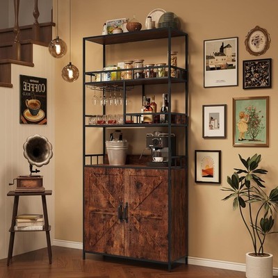 71'' Multifunctional Wine Bar Rack W/ Storage Cabinet & Baskets/Hooks for Kitchen