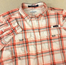 COLUMBIA PFG Fishing Shirt Size L SUPER BAHAMA Plaid Roll Tab Button Down Vented