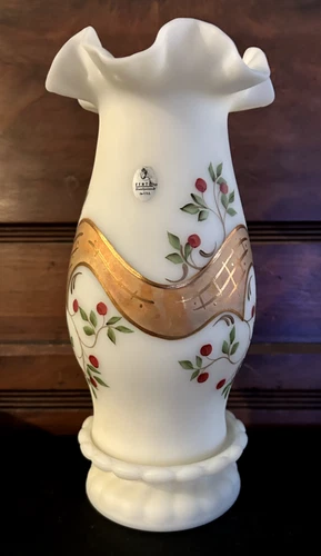 VintageFenton Art Glass Hand Painted Twining Holly Berries Hurricane Candle Lamp