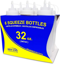 Squeeze Bottles, Plastic, Wide Mouth, 32 Oz, Clear, Pack of 6