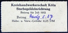 1951 GERMAN DEATH BENEFIT FUND COLOGNE GERMANY CRAFTSMAN'S ASSOCIATION RECEIPT