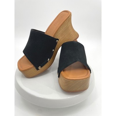 Schutz Lanneh Wedge Sandals Womens 9B Black Suede Wood Platform Slide Mules Boho