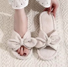 Women's Bow Fuzzy Flat Slippers Soild Color Lightweight Open Toe House Shoes