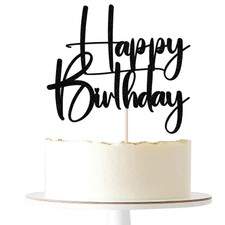 Happy Birthday Cake Topper,black Glitter Cake Pick Bunting Decor for Annivers...