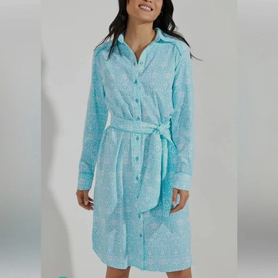 NWT Coolibar Women s Kitts Shirt Dress Size XL UPF 50+  Sash Belt Aqua IKAT