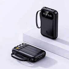 20000 mAh Slim Black Power Bank 4-Port Built-In Cables USB-C Micro-USB 8 Pin LED