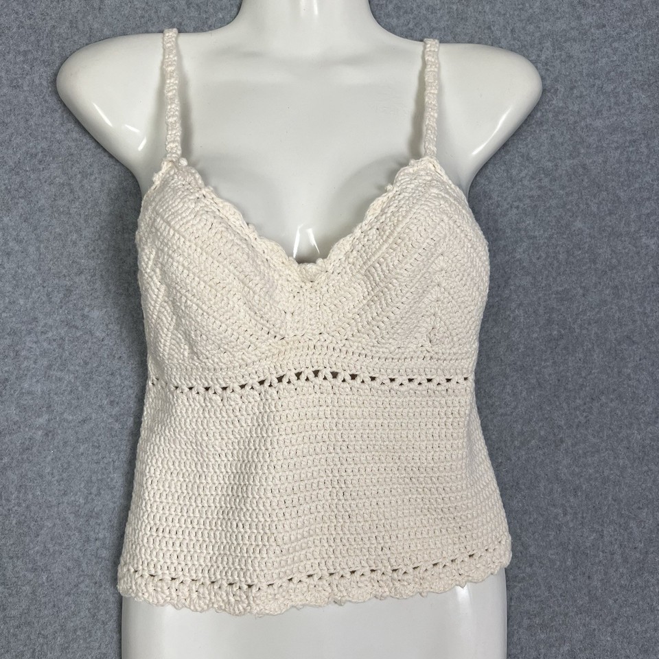 Crochet Knit Top Womens S Ivory Cami Crop Boho Bohemian Festival Summer Beach