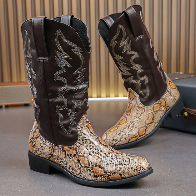 Retro Western Cowboy Women's Pointed Toe Embroidery Mid Calf