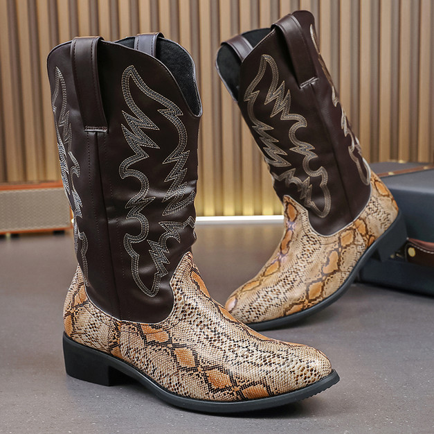 Botas vaqueras occidentales para hombre punta en punta media pantorrilla bordadas botas de caballero talla