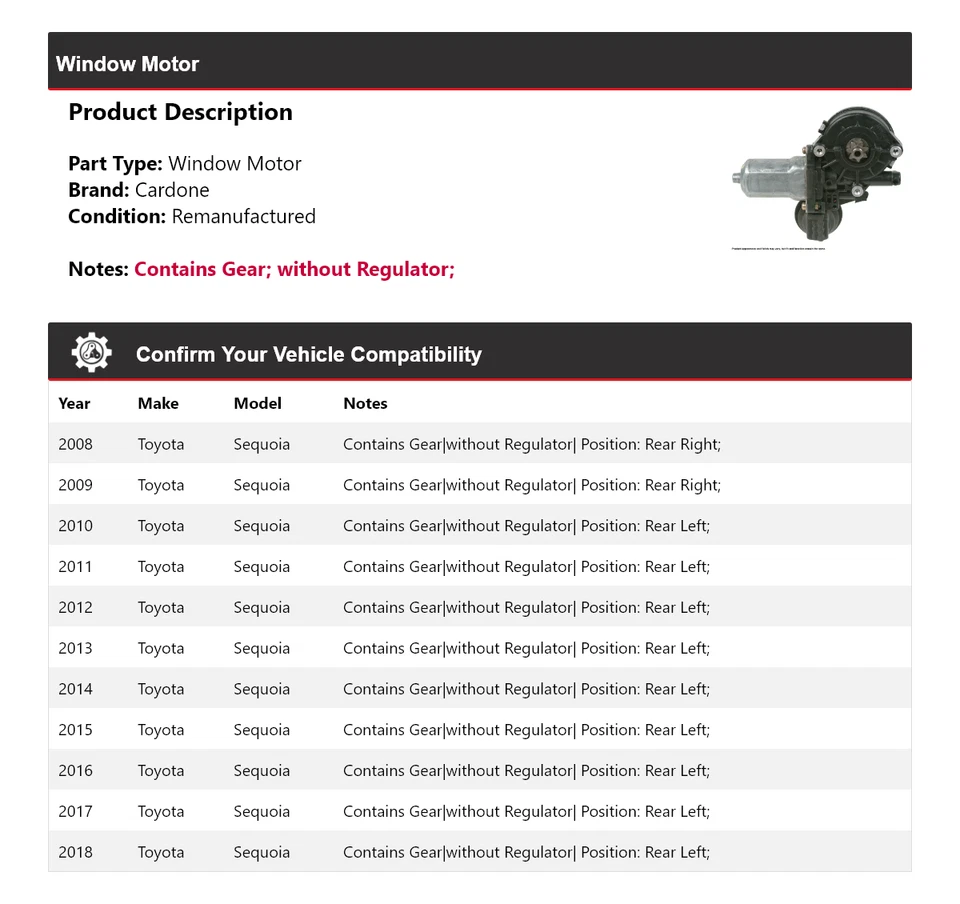 Para Toyota Sequoia 2008-2018 Ventana Motor Cardone 2009 2010 2011 2012 2013 2014 Foto 2 de 4