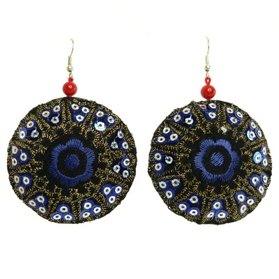 Boucles D'Oreilles Rondes Brodées à Paillettes - Doré & Violet/Argenté - Neuf