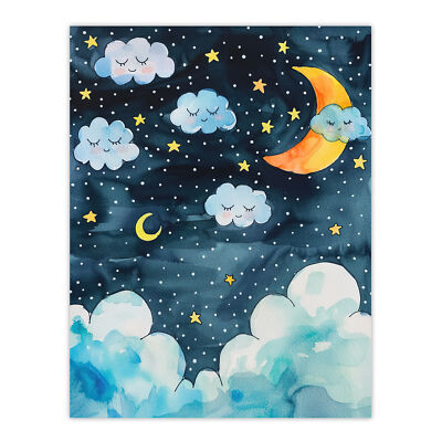 Niedlicher Nachthimmel Sterne Mond und schlafende Wolken Wandbild Poster Druck