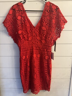 LULUS Red Dress Lace/ Crochet V Neck Mini Dress NWT Sz S | eBay
